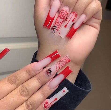 Acrilyc Nails Ideas Halloween, Long Halloween Nail Ideas, Red Acrylic Nails Halloween, Cute Long Halloween Nails, Red Halloween Acrylic Nails, Long Acrylic Halloween Nails, Long Square Halloween Nails, Halloween Square Acrylic Nails, Halloween Nail Designs Red