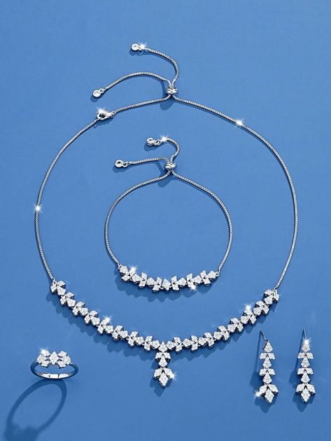 Stretchable 5pcs-Set Luxury Artificial Zirconia Jewelry Set, White Gold Plated, Including Necklace, Bracelet, Earrings, Rings, Suitable For Women, Suitable For Dating, Banquet, Anniversary, With Gift Box | SHEIN Shein Jewelry, Earrings Rings, Gold Set, Necklace Bracelet, Jewelry Set, Ring Earrings, Necklaces Bracelets, Gold Plate, Gift Box