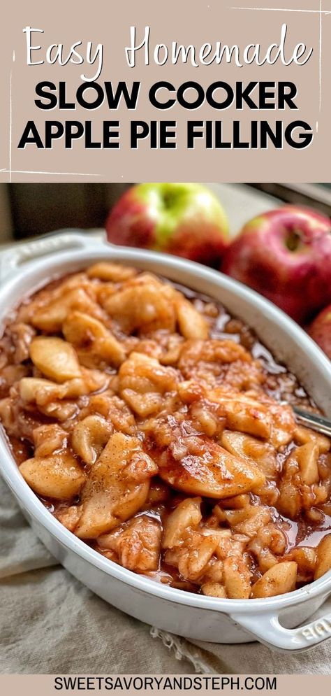 This easy homemade slow cooker apple pie filling is so simple to throw in your crockpot and let the slow cooker do all the work. There's nothing better than the ooey-gooey filling inside a warm, homemade apple pie and with this apple pie filling made in the slow cooker, it is so easy to make. Slow cooker apple pie filling is easy to make, delicious, and a healthy alternative to the sugar-laden traditional version. Healthy Apple Pie Filling, Crockpot Apple Pie, Cherry Filling Recipes, Slow Cooker Apple Pie, Sugar Free Apple Pie, Easy Apple Pie Filling, Canning Apple Pie Filling, Slow Cooker Apple, Apple Pie Filling Recipes