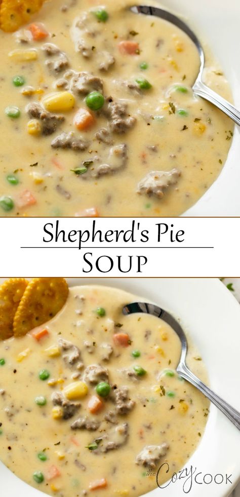 Soups With Cornbread, Soup Recipes Hamburger Meat, Ground Beef Potato Soup Recipes, Fall Soup With Ground Beef, Shepherds Pie Soup Crockpot, Easy Ground Beef Soup Recipes, Sheppards Pie Soup, Homemade Beef Soup Recipes, Potato Ground Beef Soup