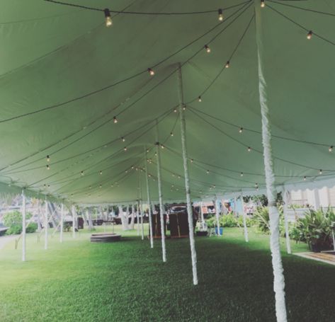 30x pole tent with white leg covers and market lighting for a wedding at  Hulihee Palace. How To Cover Wedding Tent Poles, Hulihee Palace, Padded Folding Chairs, Diy Tent, Ceiling Draping, Clear Tent, Market Lighting, Backyard Weddings, Rotary Club