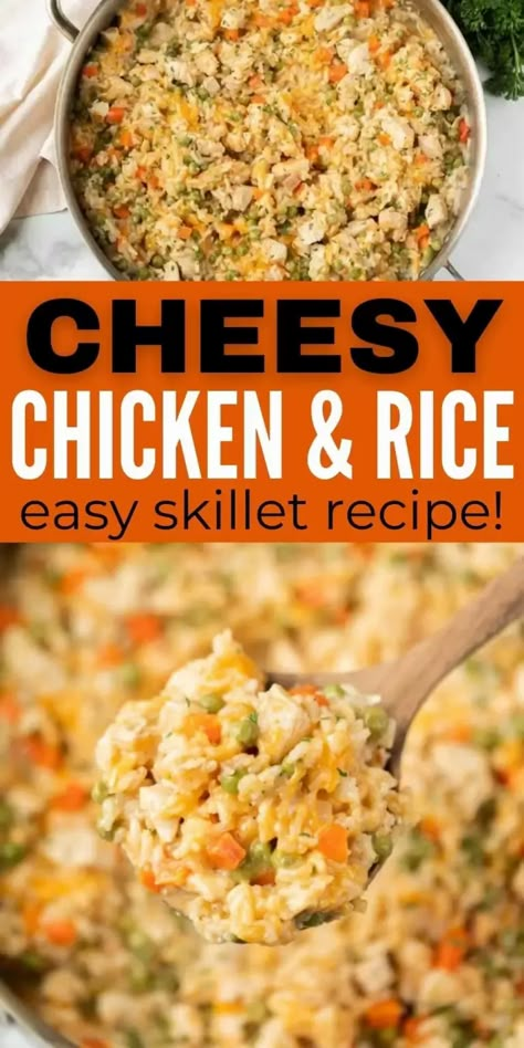 Cheesy Chicken and Rice Skillet Recipe - easy One Pan chicken and rice Chicken And Rice Skillet, Chicken Rice Skillet, Rice Skillet Meals, Cheesy Chicken And Rice, Cheesy Chicken Rice, Veggie Rice, Veggie Skillet, Chicken And Rice Dishes, Skillet Dinner Recipes