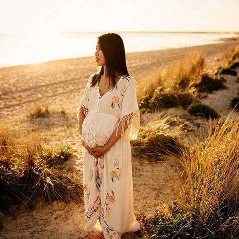 The Fillyboo 'Bojangles' Button-Through Maternity Duster/Maxi Dress/Kaftan Features Beautiful Lilac And Golden Flower Embroideries, Macram Fringe At The Sleeves And A Flattering Cut. The Button-Up Front Offers Styling Versatility, Giving You The Option To Wear It Open As A Playful Kimono/Robe/Duster Or Buttoned Halfway As A Flowy Top. Flowy Maternity Dress, Maternity Photoshoot Dresses, Maternity Photoshoot Dress, Photoshoot Dresses, Handmade Flower Crown, Petite Maxi Dress, Hat Photo, Dress Hire, Dress Kaftan