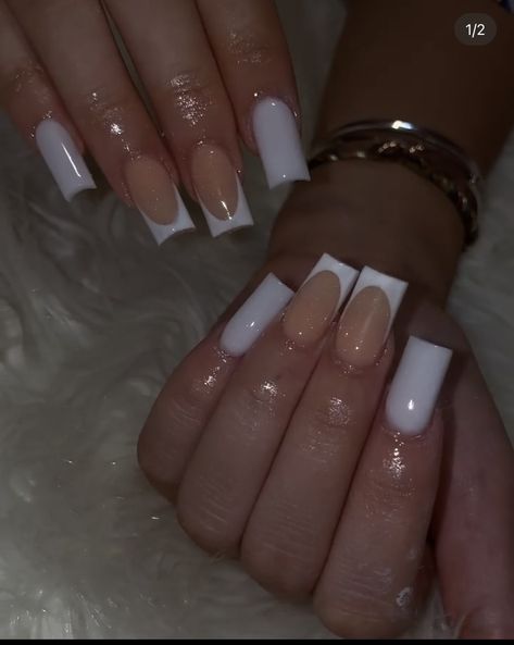 Some French Some Solid Nails, French Tip Mixed With Solid Nails, Solid And French Tip Nails, French And Solid Nails Together, French Tip And Solid Nails, Summer Acrylic, Solid Color Nails, Plain Nails, Long Acrylic Nail Designs