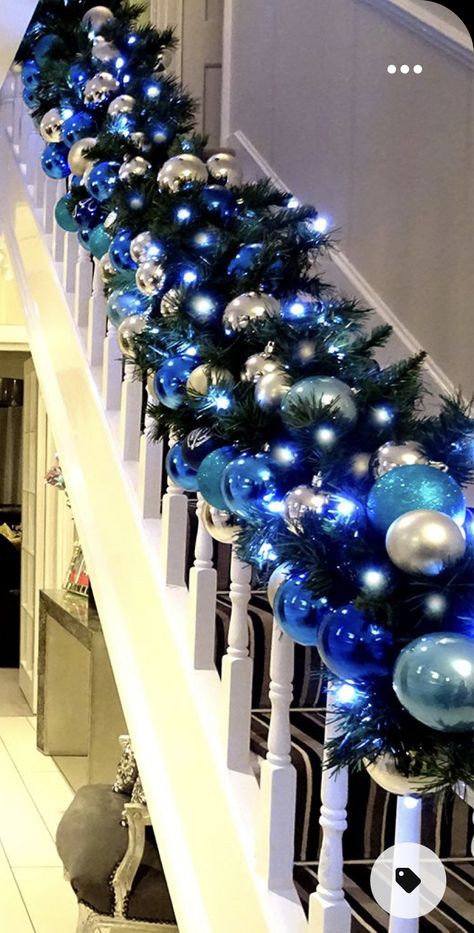 Blue And Silver Christmas Garland, White Christmas Tree With Blue Lights Decorating Ideas, Blue And Black Christmas Decor, Blue And Silver Christmas Decor Ideas, Blue Silver And White Christmas Decor, Silver And Blue Christmas Decorations, Dark Blue Christmas Decor, Blue And Silver Christmas Tree Ideas, Silver And Blue Christmas