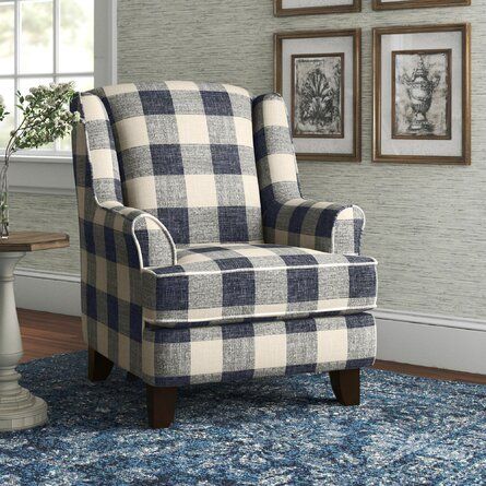 Navy Accent Chairs For Living Room, Printed Fabric Arm Chair, Farmhouse Livingrooms, Plaid Chair, Wide Armchair, Casual Chairs, Accent Chairs & Armchairs, Blue Armchair, Wood Arm Chair