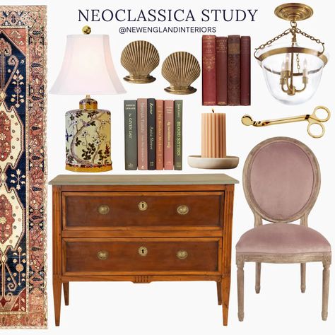 New England Interiors – Neoclassica Study – Vintage Rug, Lighting, Table Lamp, Commode, Accent Books, Bookends, Candle, Wick Trimmer, Chair. New England Bedroom Aesthetic, Vintage Study Table, New England Interiors, Colonial New England, New England Decor, Vintage Office Furniture, Thrifting Ideas, New England Interior, Elegant Home Office