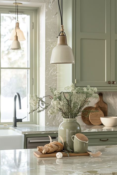 Sage Green Kitchen Ideas: Elevate Your Cooking Space with These Inspirations - Quiet Minimal Sage Green Cottage Core Kitchen, Sage Kitchen Decor Ideas, Cream And Sage Green Kitchen, Cream And Green Kitchen, Sage Green Kitchen Decor, Pale Green Kitchen, Sage Green Kitchen Ideas, Green Kitchen Aesthetic, Green Kitchen Ideas