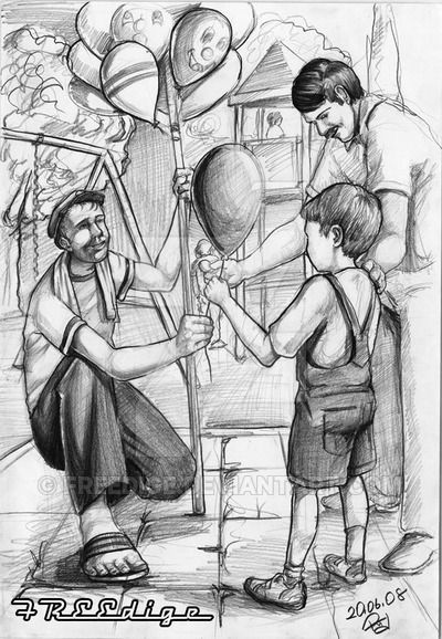 Ballon Seller Drawing Composition, Ballon Seller Memory Drawing, Memory Drawing Figures, Composition Drawing Sketches, Memory Drawing, Composition Drawing, Human Sketch, Perspective Sketch, Composition Painting