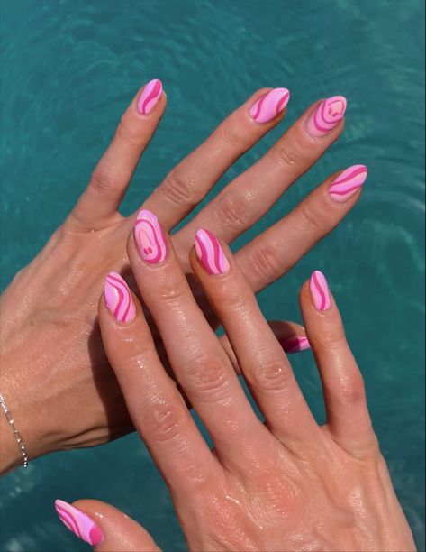 Pink Squiggly Line Nails, Wavy Smiley Face Nails, Pink 70s Nails, Pink Nails Smiley Face, Pink Smiley Nails, Pink Squiggle Nails, Pink Smiley Face Nails, Pink Swirly Nails, Pink Oval Nails