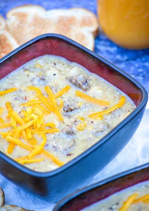 Sausage & Grits Chowder Crockpot Grits, Sausage And Grits, Sausage Grits, Ground Breakfast Sausage, Quick Grits, Cream Of Potato Soup, Shredded Cheddar Cheese, Southern Dishes, Breakfast Sausage