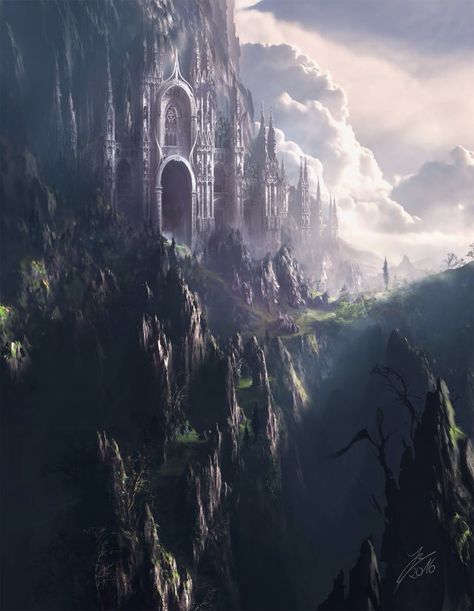 A mountaintop city far off in the Rainlands to the north. Northern City Fantasy Art, Fantasy Castle In The Mountains, Elven Mountain City, River Castle Fantasy Art, Fantasy Mountain Range, Creature Fantasy, 다크 판타지, Fantasy Castle, Fantasy City