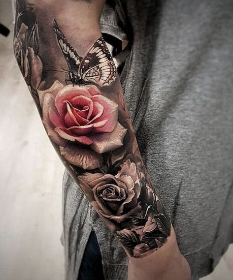 Coloured Rose Tattoo, Rose And Butterfly Tattoo, Forearm Flower Tattoo, Rose Tattoo Sleeve, Pink Tattoo, Small Forearm Tattoos, Forearm Tattoo Design, Forearm Sleeve Tattoos, Flower Tattoo Sleeve