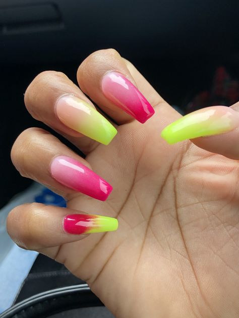 Pink and lime green ombré nail design Neon Pink And Yellow Ombre Nails, Pink Lime Green Nails, Green And Pink Ombre Nails, Pink And Green Ombre Nails, Pink And Lime Green Nails, Hot Pink And Green Nails, Pink And Orange Ombre Nails, Green Pink Nails, Long Nail Designs Square