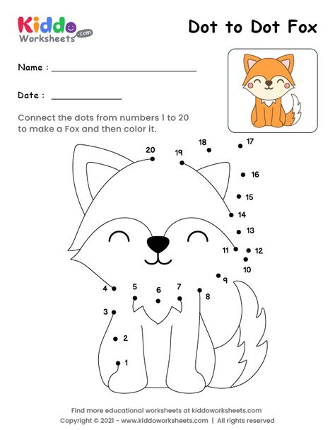 Free Printable Dot to Dot Fox Worksheet - kiddoworksheets Fox Worksheets Preschool, Free Printable Dot To Dot, Joining Dots, Printable Dot To Dot, Dot Numbers, 2nd Grade Crafts, Free Kindergarten Printables, Preschool Number Worksheets, Dots Free