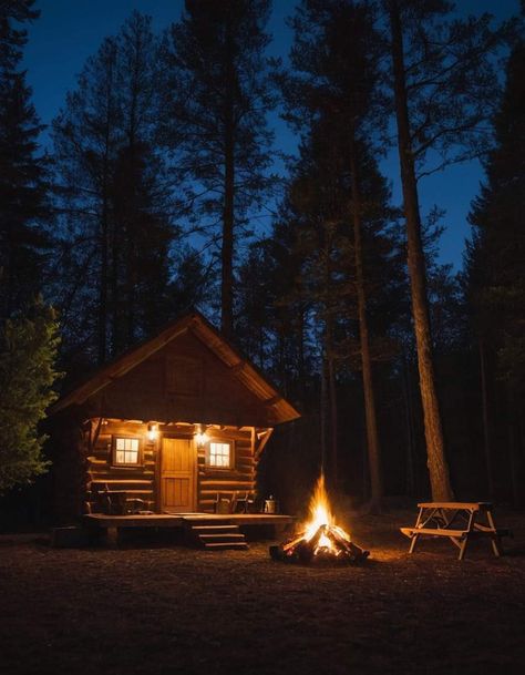 Cabin Night, Spooky Cabin In The Woods, Scary Cabin Aesthetic, Cabin In The Woods At Night, Cottage At Night Aesthetic, Creepy Cabin In The Woods, Woodland Cottage, Cabin Aesthetic, Lake Cabins