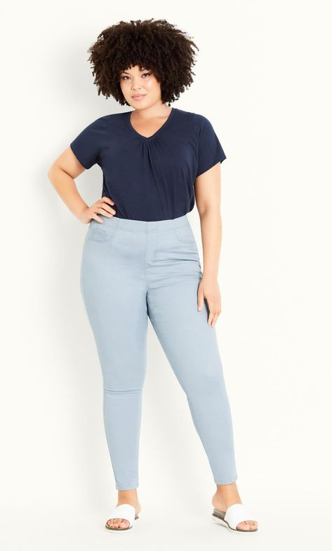 Coloured Jegging Blue | Yours Clothing Jeggings Outfit, Plus Size Workwear, Cropped Linen Trousers, Linen Bottoms, Party Dress Sale, Curve Fashion, Leggings Sale, Plus Size Clothing For Women, Denim Coat Jacket