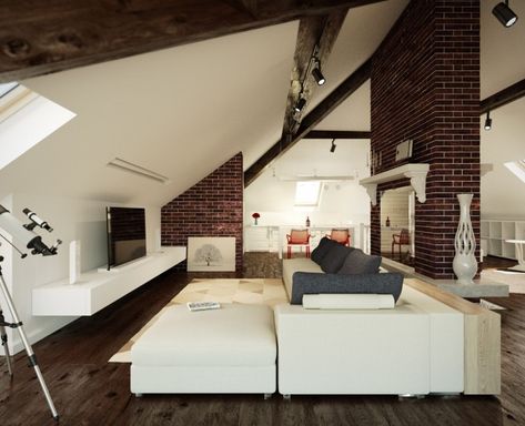 Another nice use of loft/sloped ceilings and light color scheme to create cozy living area Attic Design Ideas, Attic Lighting, Slanted Ceiling, Loft Furniture, Small Attic, Attic Design, Attic Apartment, Loft Decor, Attic Renovation