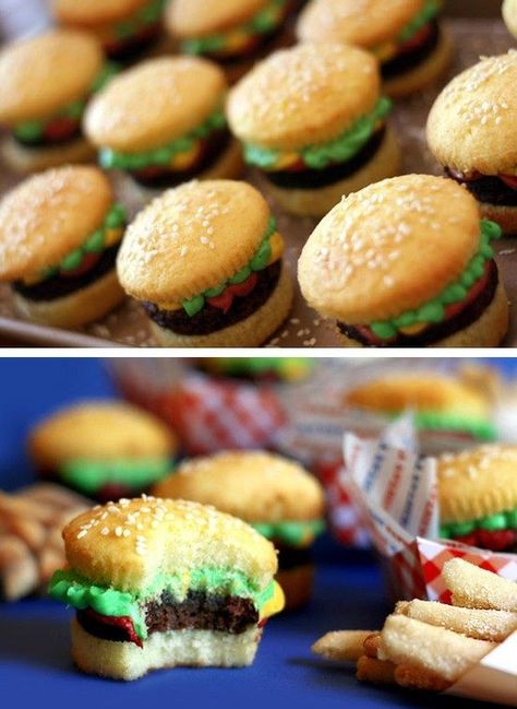 Hamburger cupcakes and sugar cookie fries. Could have red icing as ketchup for dipping the "fries" Would be great for the twins birthday party, served in little take away containers. Illusion Cupcakes, Burger Cupcakes, Hamburger Cupcakes, Mini Patisserie, Torte Cupcake, Snacks Für Party, Cupcake Recipes, Kids Meals, Cooking And Baking