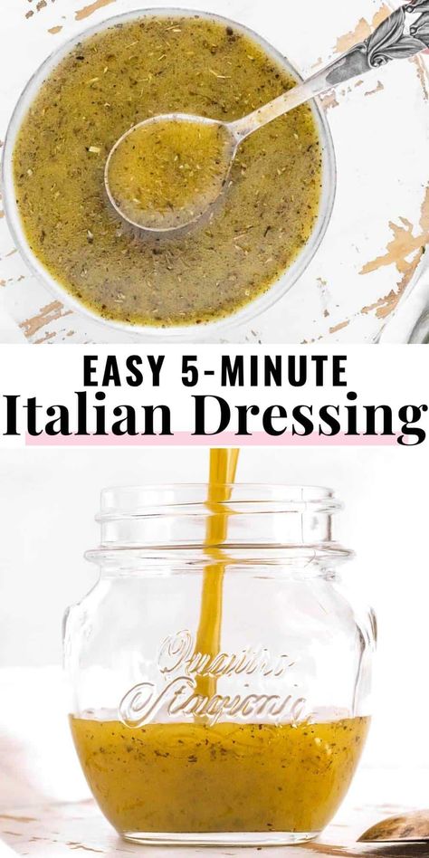 Homemade Italian dressing is a simple vinaigrette recipe to add flavor, freshness, and aroma to many salads, such as Italian pasta salads, big Italian salads, or simple side salads.Learn how to make it in 5 minutes, with nine simple ingredients, in a small jar. Easy Homemade Italian Dressing, Easy Sauces, Oil And Vinegar Dressing, Vinaigrette Recipes Easy, Italian Dressing Recipe, Homemade Dressing Recipe, Italian Dressing Recipes, Sauces Recipes, Homemade Italian Dressing