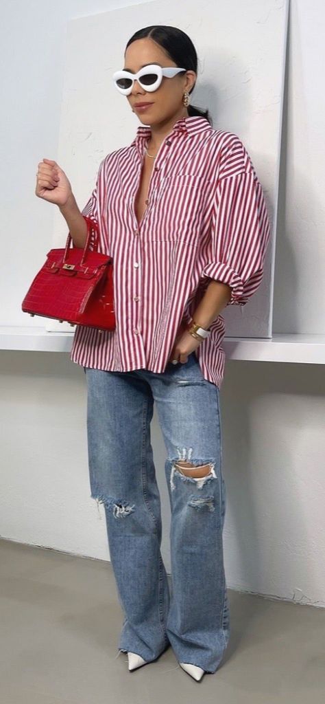 Red And Denim Outfits For Women, Blue Stripes Shirt Outfit, Red Button Up Shirt Outfit, Blue Stripe Shirt Outfit, Red Striped Shirt Outfit, Worship Outfits, Striped Shirt Outfit, Outfits With Striped Shirts, Graduation Inspiration