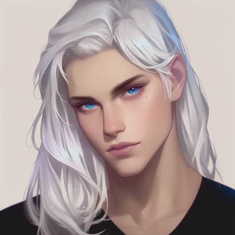 Blue Hair Elf Male, Tan Skin White Hair, Aasimar Sorcerer, Dnd Centaur, Blue Eyes Art, White Hair Blue Eyes, Eyes Art, Skin White, Tan Skin