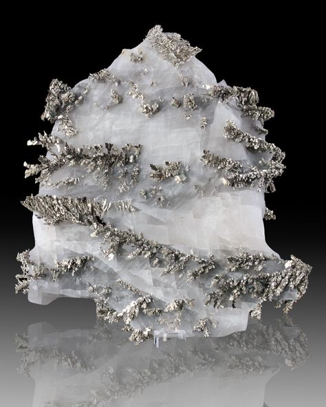 3" Shiny silver dyscrasite crystals with allergentum in calcite from Morocco. Silver Mineral, Geology Rocks, Rock Minerals, Pretty Rocks, Beautiful Rocks, White Crystals, Rock Collection, Mineral Stone, Minerals And Gemstones