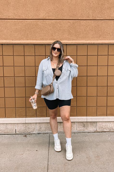 midsize fall transition outfit Styling Bike Shorts Plus Size, Biker Shorts Outfit Midsize, Biking Shorts Outfit, Biker Shorts Outfit Summer Casual, Black Biker Shorts Outfit, Plus Size Biker Shorts Outfit, Lumberjane Waffle Shirt, Aerie Lumberjane, Neutral Ootd