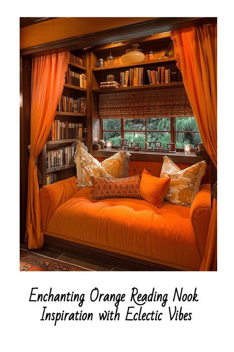 eclectic reading nook in orange Closet Reading Nook Ideas, Closet Reading Nook, Reading Nook Closet, Nook Inspiration, Velvet Seating, Reading Spot, Wallpaper Walls Decor, Orange Velvet, Living Room Windows