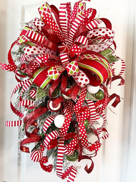 Christmas Wreath, Whimsical Christmas, Holiday Door Wreath, Wreath for Holidays, Wreath for Christmas, Red and Green Christmas Wreath - Etsy Candy Cane Swag Wreath, Diy Swag Wreath, Unique Wreath Ideas, Red And Green Christmas Wreath, Bulb Wreath, Whimsy Christmas, Themed Wreaths, Christmas Ornament Coloring Page, Christmas Wreath Designs