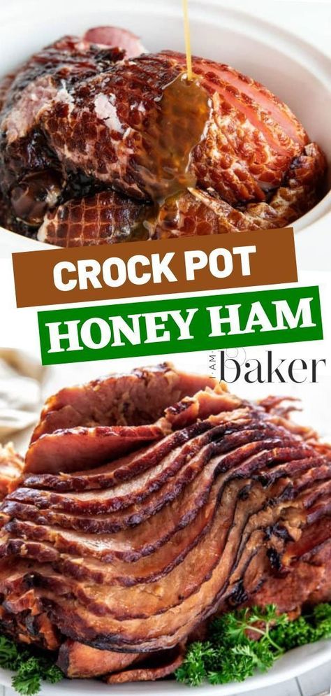 Delicious, perfectly moist, drowning in flavor, this Crock Pot Honey Ham is perfect for your Christmas dinners! If you are planning a get-together and want to impress your guests, this is the best Christmas recipe for you! It's a perfected crock-pot recipe that will never disappoint! Crock Pot Honey Ham Slow Cooker, Sliced Ham Crockpot Recipes, Honey Ham Crockpot Recipes, Slow Cooked Ham Crock Pots, Honey Ham Recipe Crock Pot, Crock Pot Honey Ham, Best Crockpot Ham Recipes, Ham Recipes In Crockpot, Small Crockpot Ham