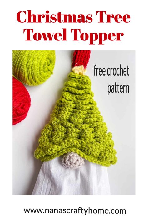 The Christmas Tree Towel Topper is a free crochet pattern by Nana's Crafty Home! This beautiful and fun towel topper is so versatile & includes a gnome option! Gnome Towel Topper, Tree Gnome, Crochet Christmas Trees Pattern, Crochet Towel Topper, Diy Natal, Gnome Crochet, Christmas Tree Hat, Crochet Christmas Tree, Faux Christmas Trees