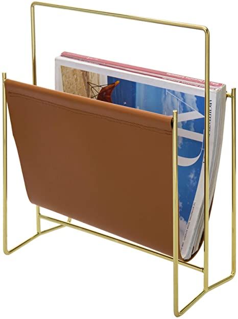 Amazon.com: MyGift Modern Caramel Leatherette Magazine Holder Floor Standing Sling Style Rack with Brass Tone Metal Frame : Home & Kitchen Furniture Magazine, Magazine File Holders, Magazine Organization, Acrylic Holders, Wood Magazine, Magazine Holder, Style Magazine, Magazine Holders, Mid Century Modern Decor