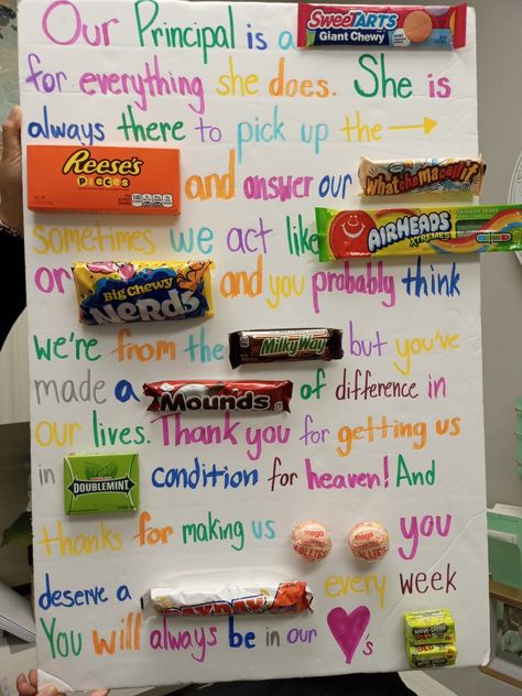 Principal Candy Poster, Principals Birthday Ideas, Principal Appreciation Day Ideas, Principal Candy Bar Poster, Vice Principal Appreciation Gift, Principals Appreciation Day Ideas, Principal Day Ideas From Students, Principal Appreciation Ideas From Kids, School Principal Day Gift Ideas