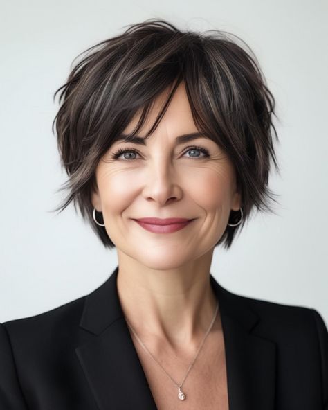 Short Hairstyles Dark Hair, Off Face Hairstyles For Women, Long Pixie For Round Face, Bobs For 50 Year Old Women, 40 Hairstyles Over 40, Short Shag Bob With Bangs, Medium Short Layered Haircuts, Textured Pixie Cut Thick Hair, Long Pixie Haircut For Thick Hair