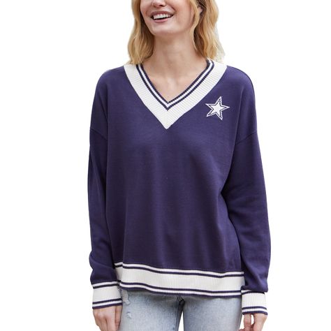 On cooler Dallas Cowboys game days, dress in a vintage varsity look with this Cricket V-neck pullover sweater from Lauren James. It features traditional rib-knit striping, flattering balloon sleeves and the iconic Dallas Cowboys logo. Additionally, the tight-knit material is ideal for cozy warmth. Dallas Cowboys Sweatshirt, Dallas Cowboys Game, Dallas Cowboys Shirts, Cowboys Logo, Cowboy Games, Dallas Cowboys Logo, Vintage Varsity, Lauren James, Cowboys Shirt