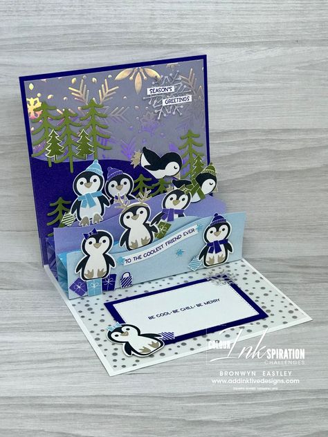 Penguin Place Pop-Up Card for Colour INKspiration #132 – Addinktive Designs Xmas Goodies, Pop Up Christmas Cards, Tarjetas Pop Up, Fancy Fold Card Tutorials, Card Sketch, Penguin Christmas, Card Crafts, Stampin Up Christmas, Country Crafts