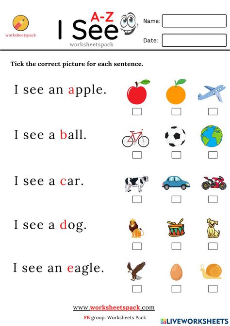 Sentence For Kindergarten, I See Sentences Kindergarten, Alphabet Sentences Free, I See Worksheet, Picture Reading For Kids, Preschool English Worksheets For Kids, Alphabet Worksheets Free Printable, Simple Sentences For Kids, See Worksheet