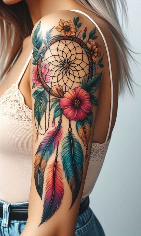 Let your skin tell a story of courage and freedom with this dreamcatcher adorned in eagle feathers. Dreamcatcher Tattoo Sleeve, Floral Dream Catcher Tattoo, Sunflower Dreamcatcher Tattoo, Tattoo Ideas Dream Catcher, Tara Tattoo, Dreamcatcher Tattoo Thigh, Dreamcatcher Tattoos, Indian Feather Tattoos, Colour Tattoo For Women