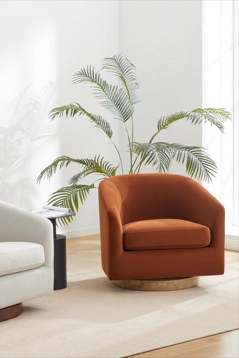 Burnt Orange Accent Chair, Living Room Burnt Orange, Bedroom Burnt Orange, Burnt Orange Chair, Orange Accent Chair, Velvet Barrel Chair, Seattle Apartment, Modern Home Decor Ideas, Orange Chair