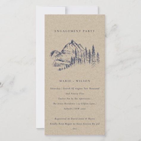 $2.72 | Kraft Pine Woods Mountain Sketch Engagement Invite #mountains rustic evergreen tree forest, country jungle watercolor modern smoky, rocky tropical winter woods snowfall, classy destination wedding fall clean, fresh camping woody modern pine, summer spring outdoor elegant woodsy, woodland fall nature earthy timber, grove wild lush whimsical trendy, designer boutique invite pink chic, dusky inky indigo navy blue Tropical Bridal Shower Invitations, Engagement Invite, Mountain Sketch, Elegant Engagement Party, Tropical Bridal Showers, Pine Mountain, Wedding Enclosure Cards, Engagement Party Invitations, Couple Shower