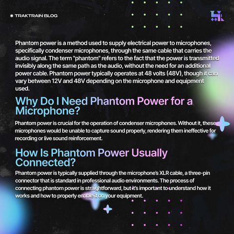 🎤 What Is Phantom Power For Microphones: Phantom Power For Mics Explanation — New Post on Blog Phantom power is a method used to supply electrical power to microphones, specifically condenser microphones, through the same cable that carries the audio signal. The term “phantom” refers to the fact that the power is transmitted invisibly along the same path as the audio, without the need for an additional power cable. Phantom power typically operates at 48 volts (48V), though it can vary betwee... Phantom Power, Creative Industries, Power Cable, Microphones, New Post, Carry On, Electricity, Cable, Audio