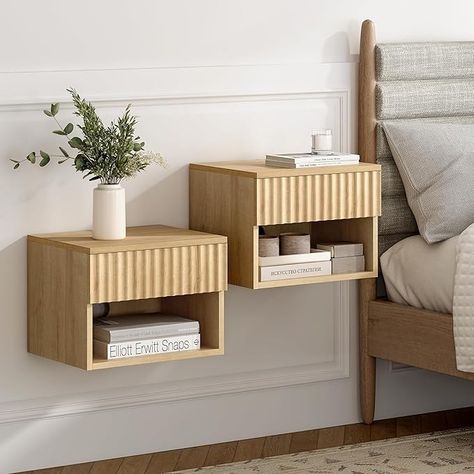 Amazon.com: EYYTHUNG Fluted Floating Nightstand Set of 2, Modern Small Night Stand with Drawer and Open Storage Shelf Wall Mounted Bedside Tables for Bedroom Bathroom Natural Oak : Home & Kitchen Small Night Stand, Functional Nightstand, Mounted Nightstand, Wall Mounted Bedside Table, Floating Drawer, Nightstand Set, Nightstand Set Of 2, Nightstand Storage, Shelf Wall