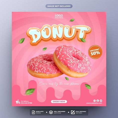 PSD donut social media post template | Premium Psd #Freepik #psd Donut Poster Design, Donut Advertisement, Social Marketing Design, Donut Poster, Cake Poster, Donut Store, Ice Cream Poster, Dessert Illustration, Social Media Advertising Design