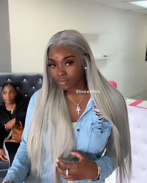 Dora on Instagram: “Frontal sew in 🔥🔥🔥🔥🔥🔥 #frontalsewin #lacefrontalsewin #fulllacewigs” Grey Hair On Black Women, Silver Hair On Black Women, Silver Hair Black Women, Silver Hair On Dark Skin, Curly Silver Hair, 16 Hairstyles, Birthday Hairstyle, Hoco 2023, Weave Ideas