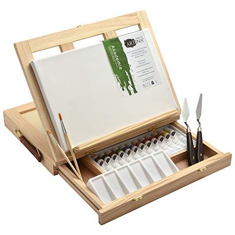 Artina 19 pcs Art Set Milano with Tabletop Easel Canvas 20x30 cm Acrylic Paint Brush Palette Spatula Pochade Box, Drawing Furniture, Table Easel, Tabletop Easel, Art Studio Room, Acrylic Paint Brushes, Drafting Table, Art Easel, Wood Works