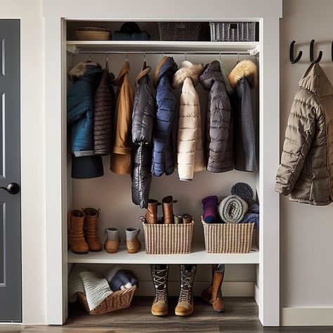 Cozy and organized winter closet with neatly hung jackets and shoes, wicker storage baskets, and wooden shelving in a home setup. Jacket Storage, Organize Closet Space, Wicker Storage Baskets, Wardrobe Organization, Basement Games, Home Setup, Organized Closet, Home Organization Ideas, Room Gym