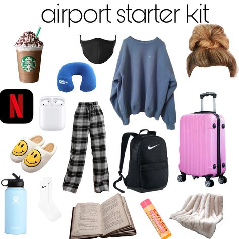 What To Do On The Plane Things To Do, Airport What To Pack, Things To Bring In A Plane, Packing For The Airport, Plane Flight Outfit, Airport Starter Pack, What To Bring To Airport, Travelling Outfits Plane, Things To Wear To The Airport