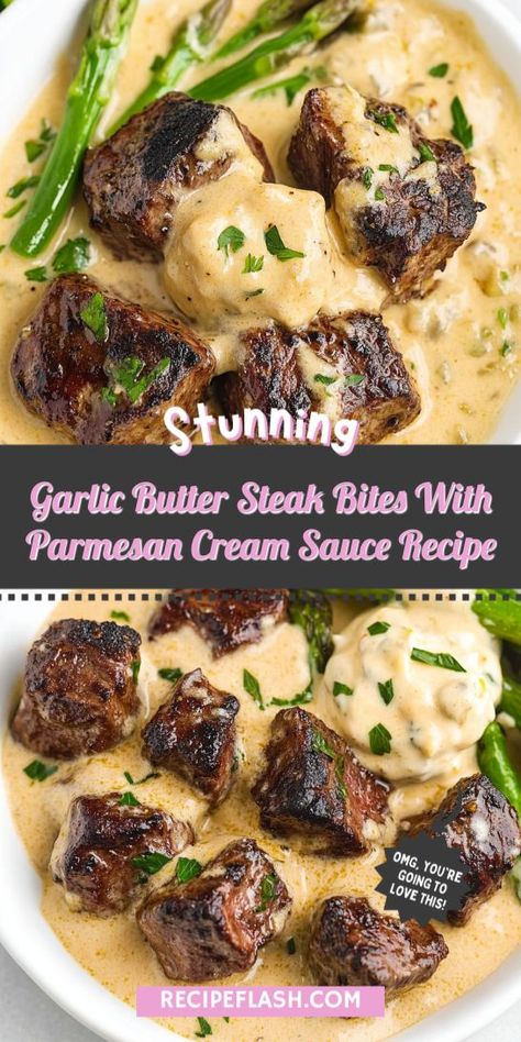 Want to impress your guests with a gourmet steak dinner? Garlic Butter Steak Bites with Parmesan Cream Sauce is a showstopper! Indulge in tender bites and creamy goodness that makes any meal special. Pin this recipe for a flavorful addition to your dinner rotation! Parmesan Cream Sauce Recipe, Cheese Sauce For Steak, Sirloin Tip Steak, Sirloin Steak Recipes, Garlic Butter Steak Bites, Butter Steak Bites, Steak Bites Recipe, Cream Sauce Recipe, Creamy Parmesan Sauce