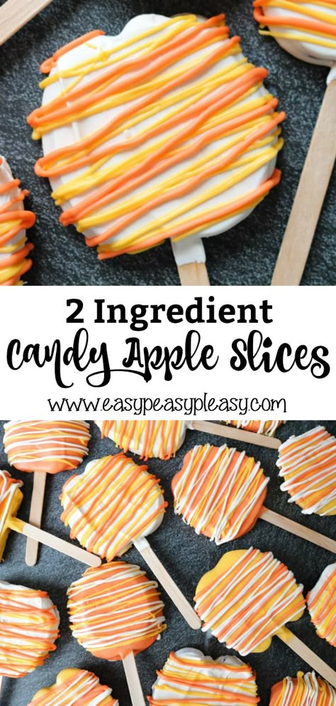 Easy to make 2 Ingredient Candy Apple Slices on a stick are perfect for Halloween. I am all about the colors of candy corn for Halloween treats. Apple Slice Pops Halloween, Candy Corn Apples, Candy Apple Making Station, Easy Candy Apple Recipes 3 Ingredients, Candy Corn Birthday Theme, Candy Apple Slices Halloween, Carmel Apple Slices Halloween, Caramel Apple Slices Halloween, Halloween Candy Apple Slices